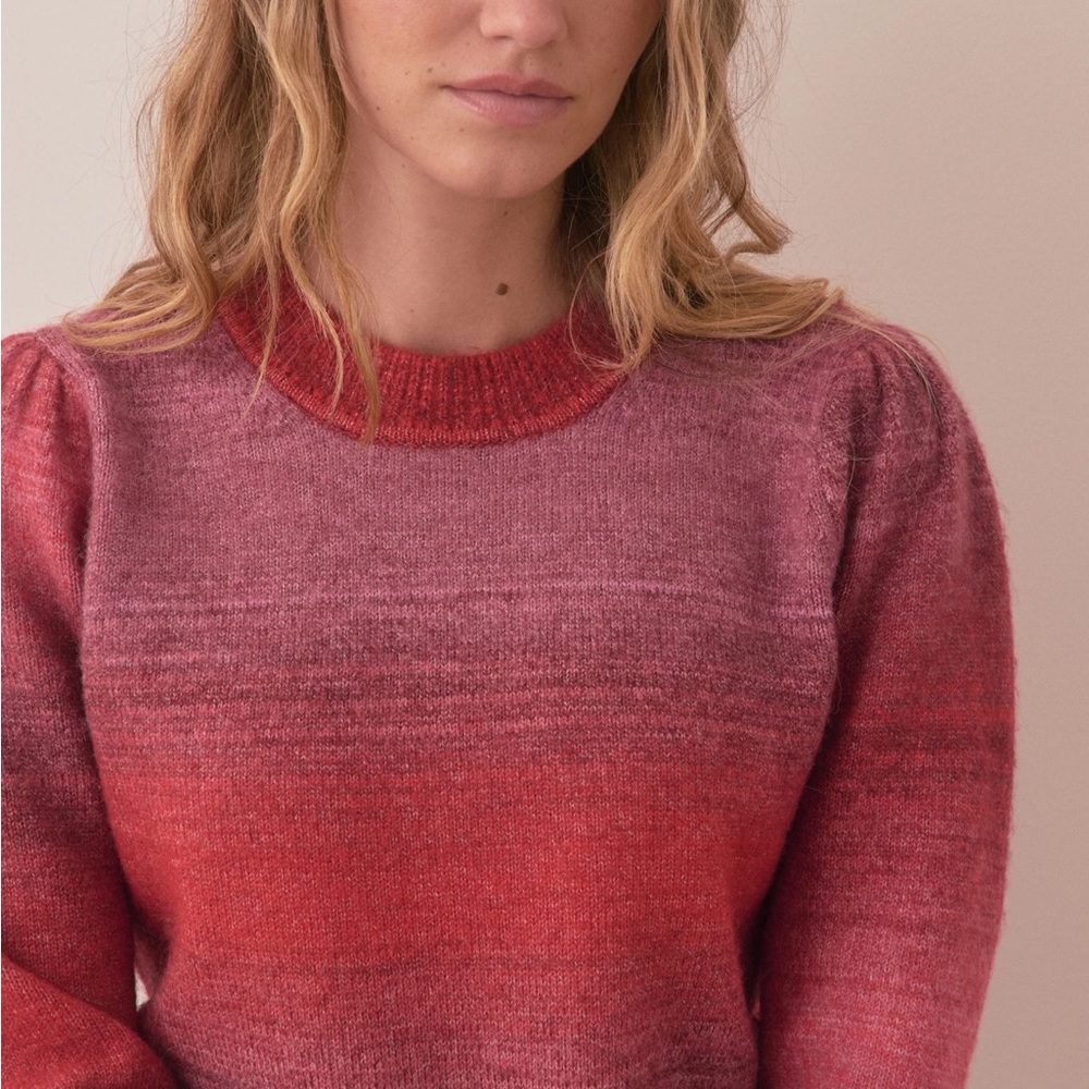 NEW❤️Marine Layer Women's Ayla Puff Sleeve Crewneck Sweater Red Pink Warm Ombre - Picture 2 of 9